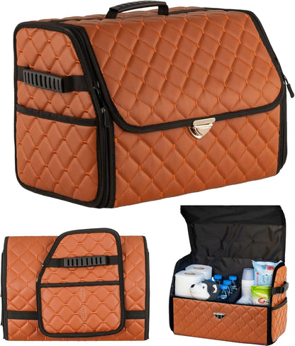 Leather Trunk Organizer with Lid for Suv and more, Foldable Car Organizer, Car Organizers and Storage with Pockets, Non-Slip Design (Black-Black)