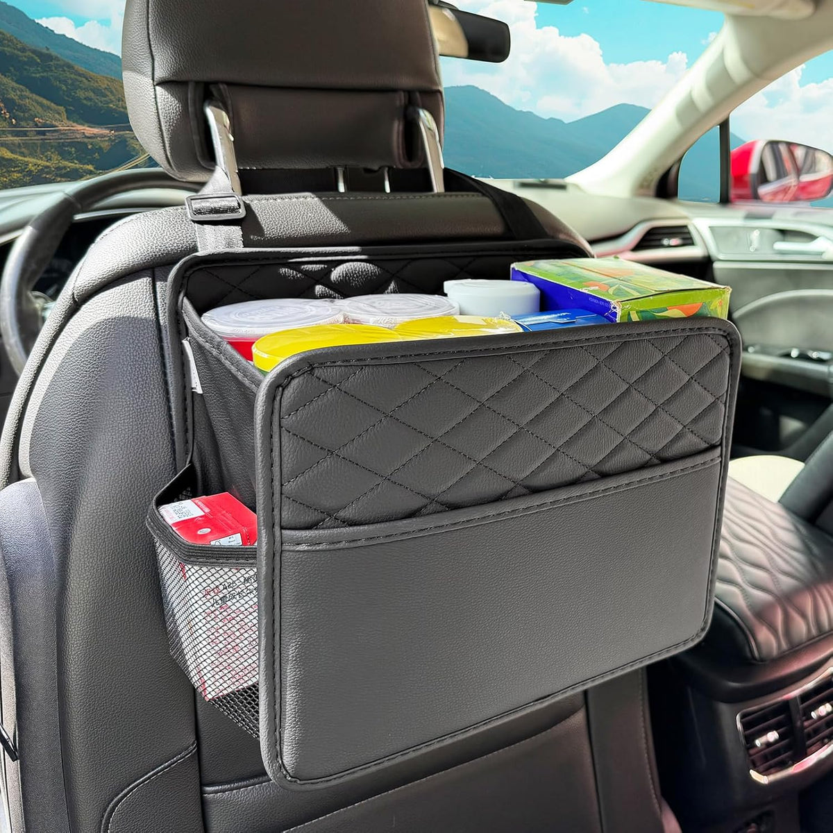 Witaxima Upgrade Car Seat Organizer Backseat with Storage Pockets, Multipurpose Car Organizer Hanging, Car Trash Bag Can,Premium PU Leather Garbage Can 2.14 Gallon Large Capacity, Black.