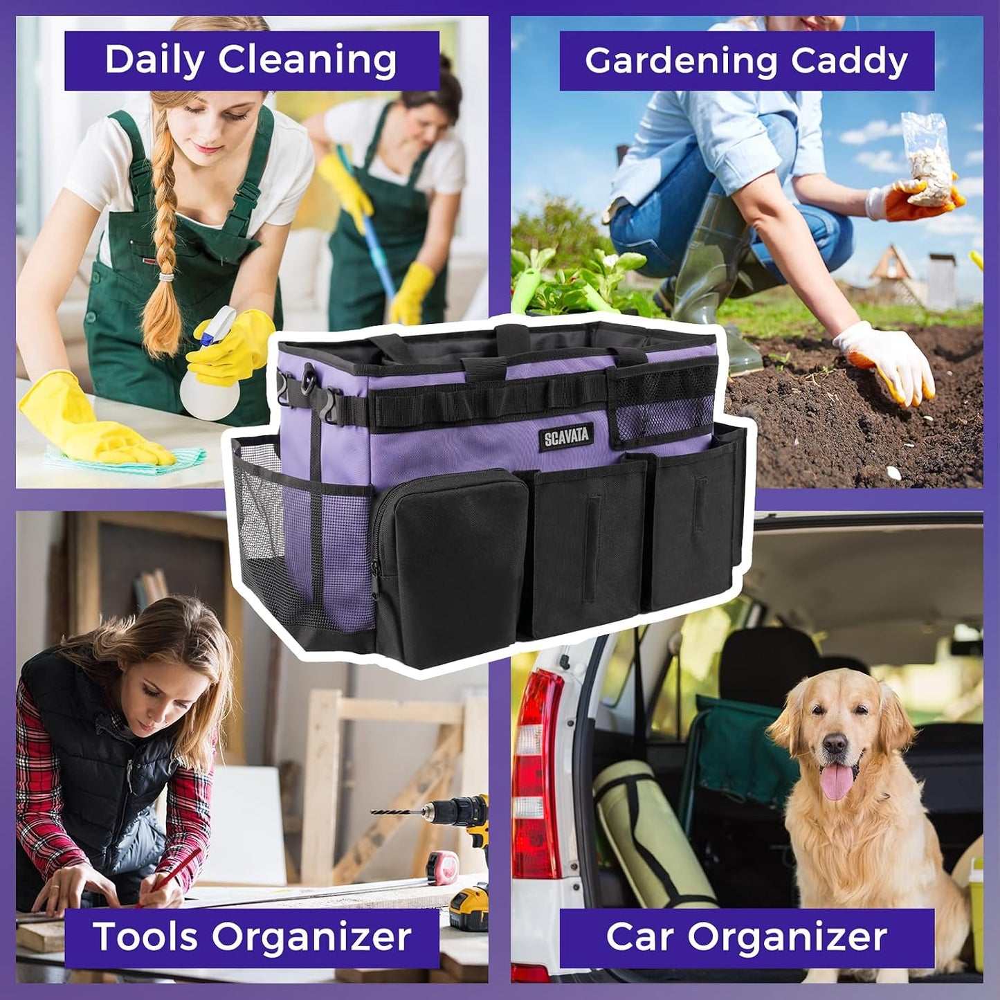 SCAVATA Wearable Cleaning Caddy Bag, Supplies Organizer with Handle & Shoulder Straps for Housekeepers, Under Sink & Car Cleaning Tool Organizer with 4 Foldable Dividers (Black)