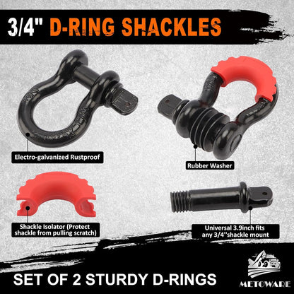 METOWARE Recovery Tow Strap Kit 3" x 20ft, Heavy Duty Recovery Strap 35,000lbs Break Strength with 3/4" D Ring Shackles(2pcs) & Storage Bag, Emergency Off Road Towing Rope for SUV, UTV, ATV, Truck