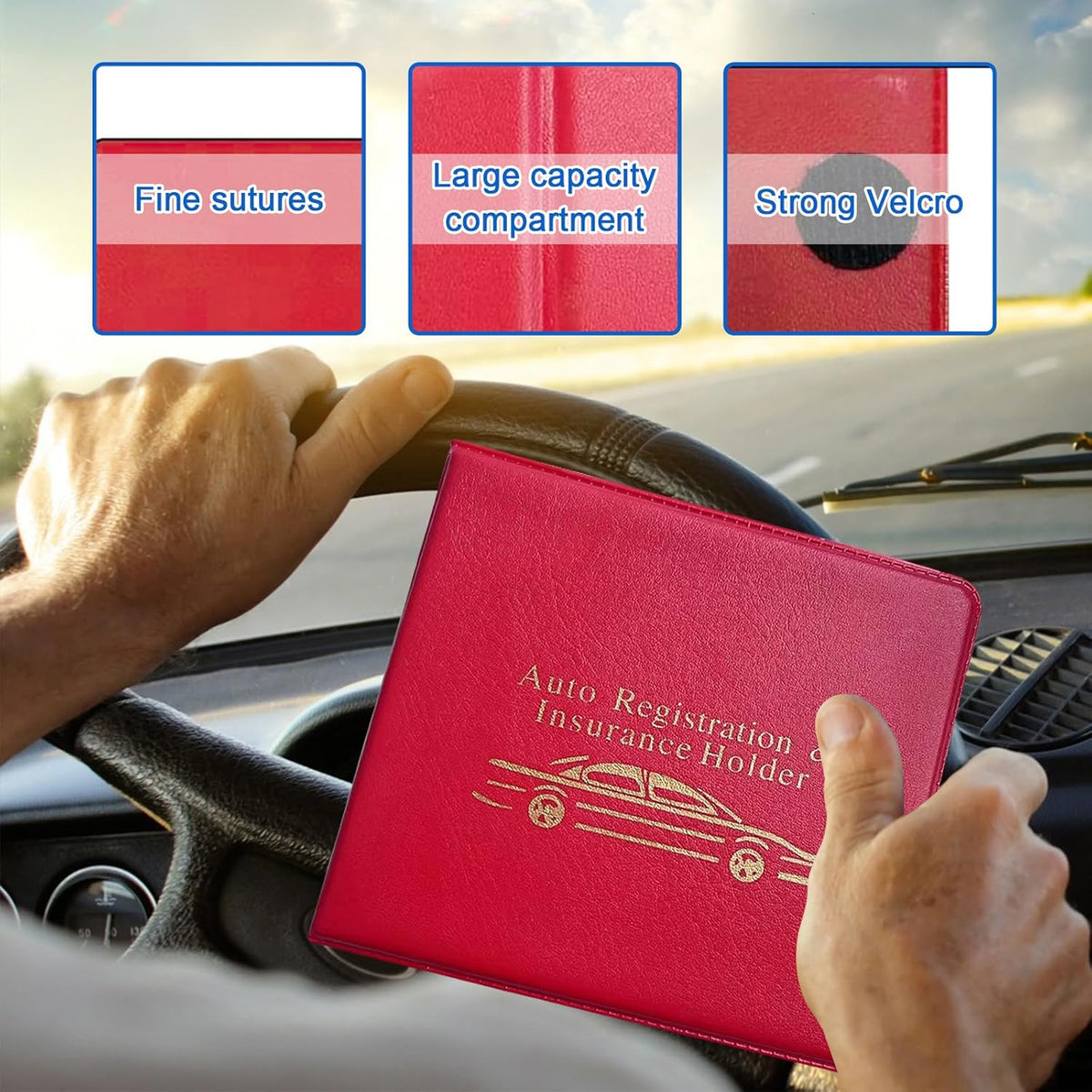 Ziciner Car Registration Insurance Holder, 2Pack Essential Auto Card Document Glove Box Organizer with Touch Fastener, Vehicle Interior Accessories Perfect for Most Car, Truck, SUV (Red/Small Car)