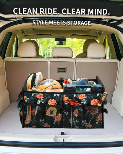 SIBOFUEGO Sturdy Car Trunk Organizer – Large Capacity Trunk Organizer for SUVs & Sedans, Hard-Shell One-Piece Design with Cute Print, Collapsible and Durable Car Organizers (Black Leopard 70L)