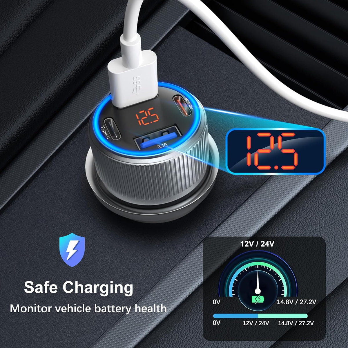USB C Car Charger 3 Pack, Costyle 65W 4 Port Car Power Adapter with Voltmeter PD 30W/QC 3.0 Fast Charging Cigarette Lighter USB Charger Plug for iPhone 16/15/14/13/12/11 Pro Max/Pad,Android(Black)