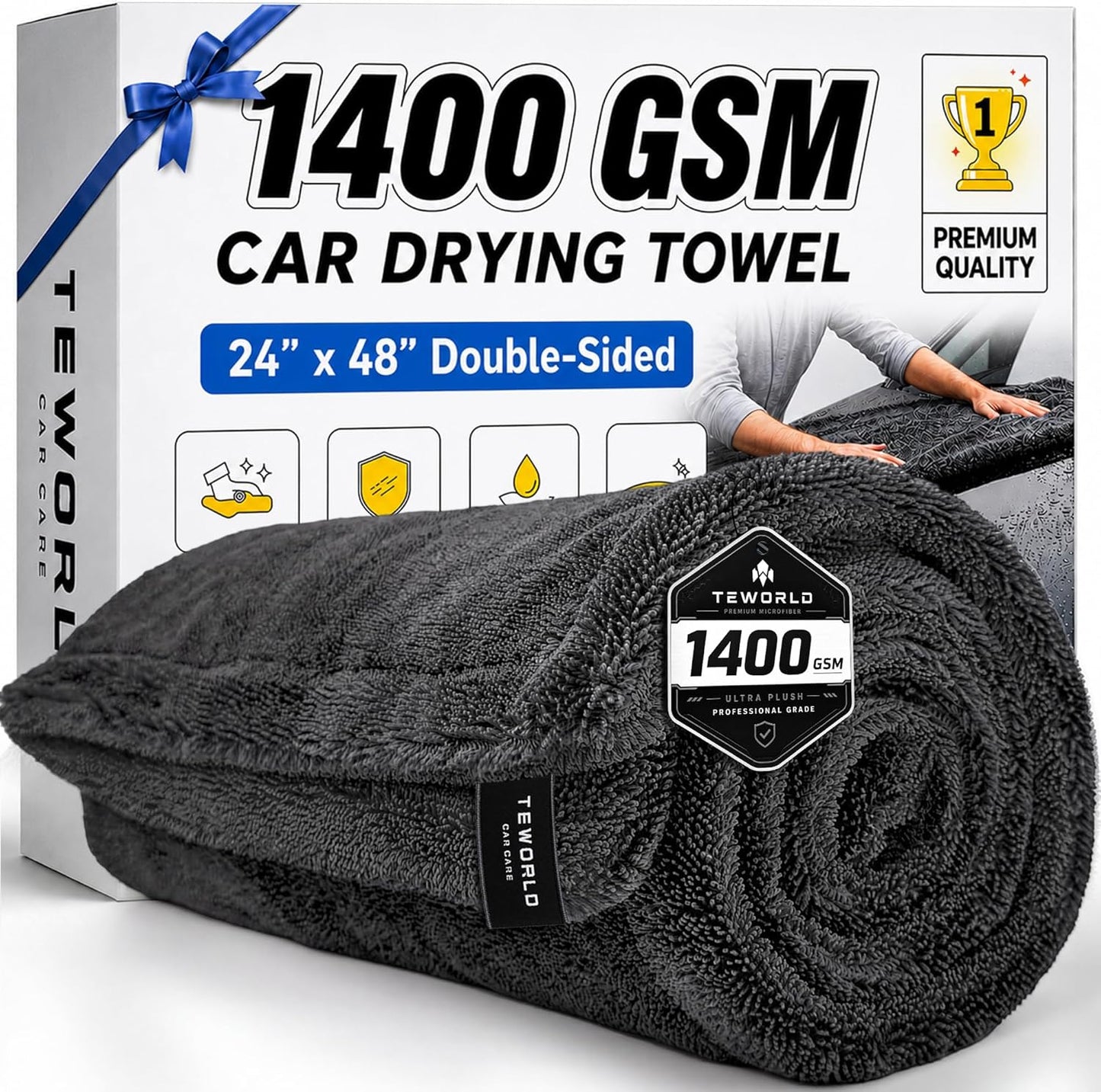 1400 GSM Car Drying Towels – XXL Microfiber Towels for Cars (48" x 24"), Ultra-Absorbent, Streak-Free, Scratch-Free, No Water Spots, Double-Twist Pile & Edgeless Design