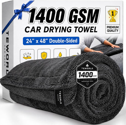 1400 GSM Car Drying Towels – XXL Microfiber Towels for Cars (48" x 24"), Ultra-Absorbent, Streak-Free, Scratch-Free, No Water Spots, Double-Twist Pile & Edgeless Design
