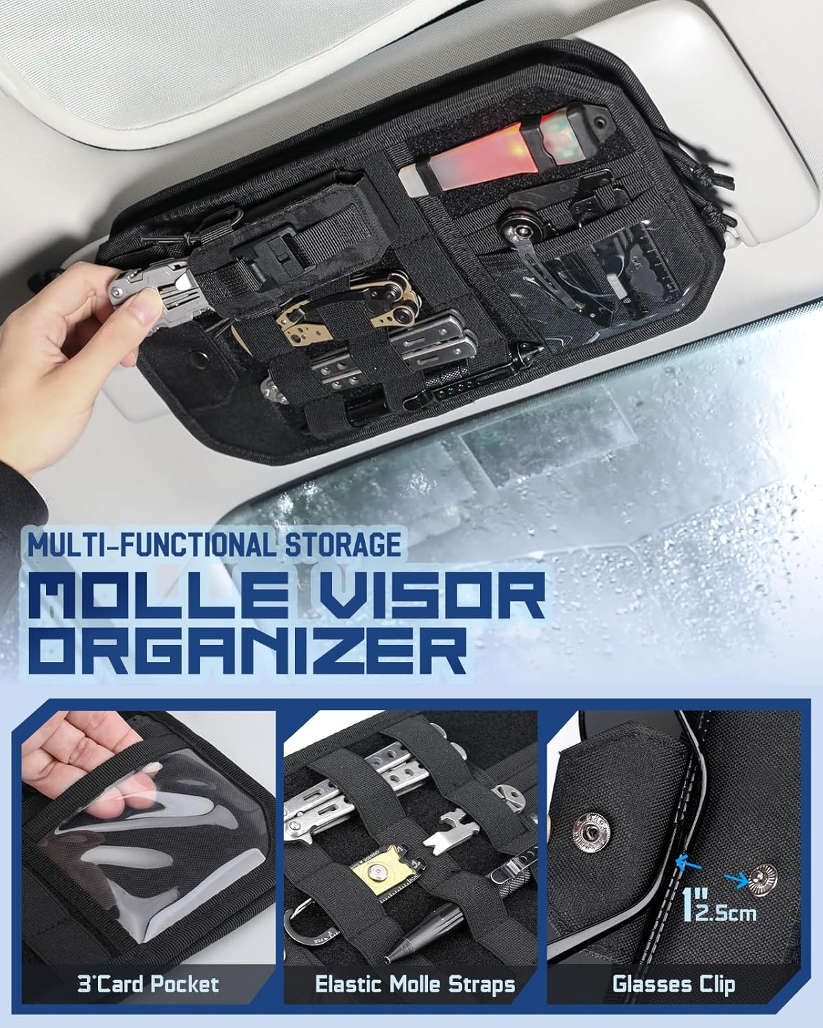 Molle Car Sun Visor Organizer with Zipper Storage Pouch & Glasses Holder, Auto Semi-Rigid MOLLE Panel for Police Gear & Overland Accessories, Fit Most Cars, Trucks, Patrols & Vans