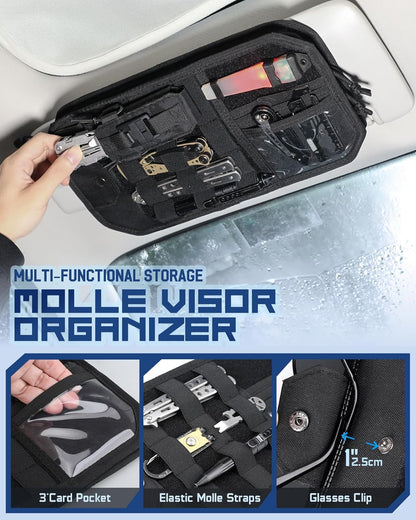 Molle Car Sun Visor Organizer with Zipper Storage Pouch & Glasses Holder, Auto Semi-Rigid MOLLE Panel for Police Gear & Overland Accessories, Fit Most Cars, Trucks, Patrols & Vans