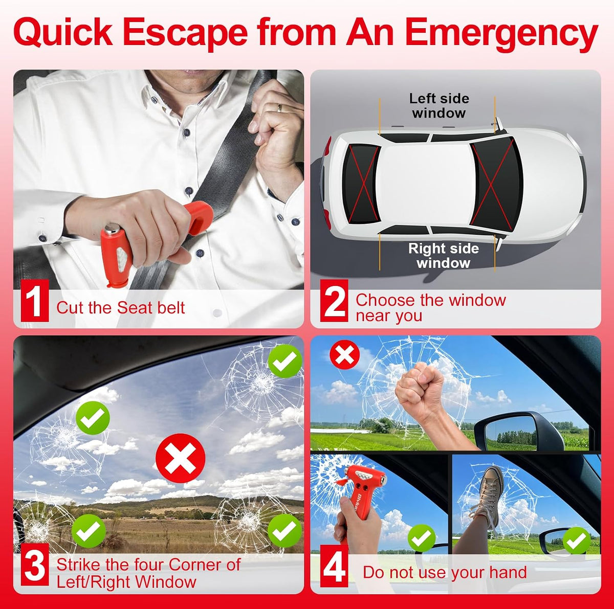 Window Breaker, 3-in-1 Emergency Escape Tool with Car Safety Hammer and Seat Belt Cutter, Safety Emergency Car Escape Tool, Road Trip Essential and Must Haves