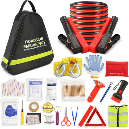 Car Emergency Kit with Jumper Cables, Roadside Safety Emergency Car Kit for Vehicle Truck Motorcycle - Gifts for Men Women Teenagers, Easy Storage(Black)