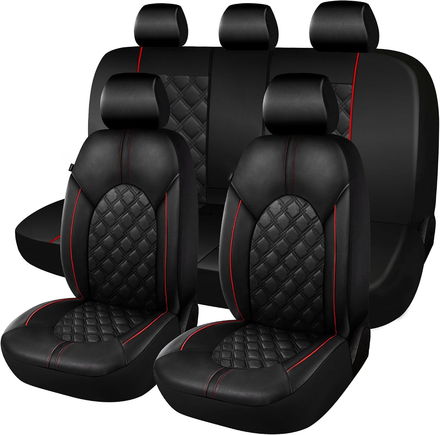 CAROMOP Luxury PU Leather Car Seat Covers Full Set-Waterproof Seat Protectors with Split Bench Seat Covers for Cars-Universal Cars Interior Covers for Sedans, SUVs, Pick-up Trucks(Gray/Gray Line)