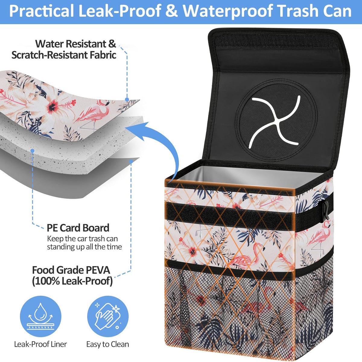 ELONGRIVER Car Trash Can Bin for Back Seat Leak Proof, Cute Car Trash Bag Hanging, Vehicle Trash Can for SUV Truck Van, Automotive Garbage Cans Front Seat Black