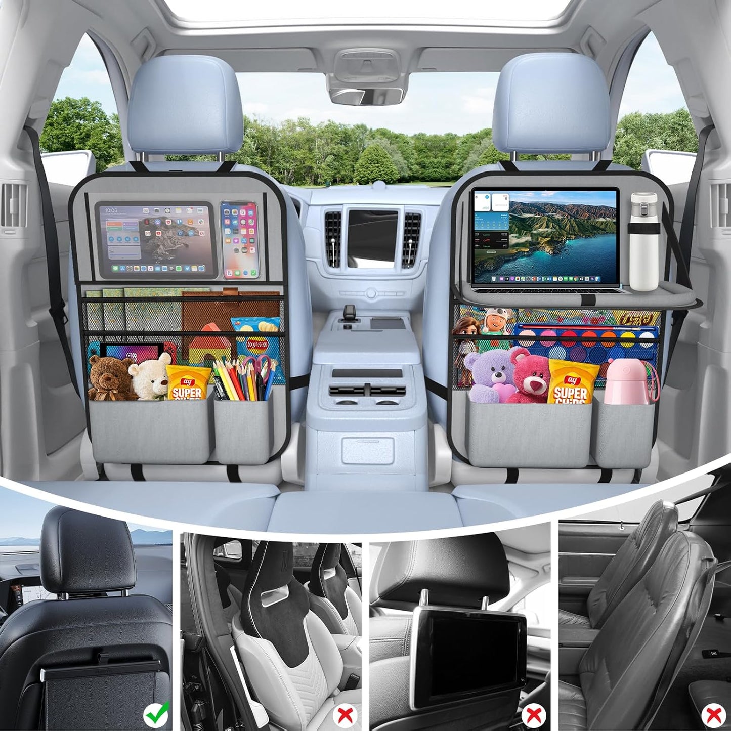 Car Backseat Organizer with table Tray(1Pack) 9 Storage Pockets Backseat Car Organizer with Tablet Holder, Back seat Organizer for Kids Road Trip Essentials Travel
