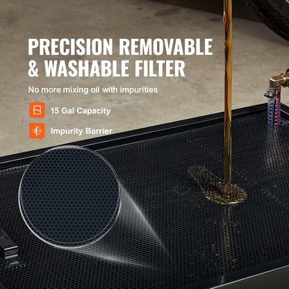 VEVOR Low Profile Oil Drain Pan, 17 Gal Capacity, Rolling Oil Drain Pan with 110V High-Flow Electric Pump, 7.2 ft Hose & T Folding Handle, Leak-proof & Corrosion-resistant, Fit for Trucks, ATVs, Black