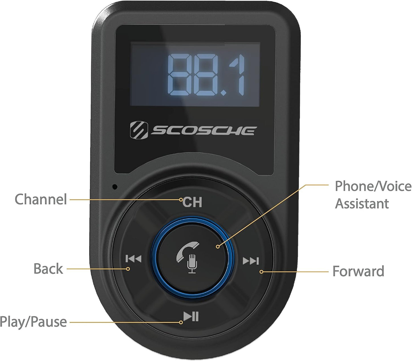 Scosche BTFM9 FM Bluetooth Transmitter Car, Dual 12W USB-C and USB-A Charging Ports, Fast Type C Car Charger, Wireless Radio Bluetooth Adapter, Hands-Free Kit for Calls, Siri and Google Assistant