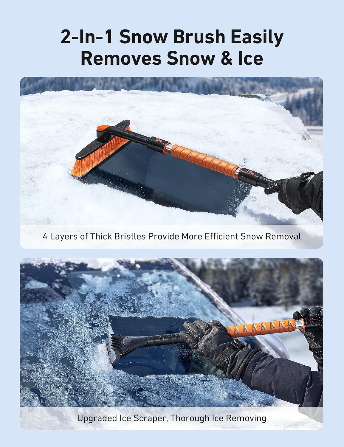 AstroAI 47.2" Ice Scrapers for Car Windshield and Extendable Snow Brush with Foam Grip and 360° Pivoting Brush Head for Auto Car Truck and SUV(Orange)