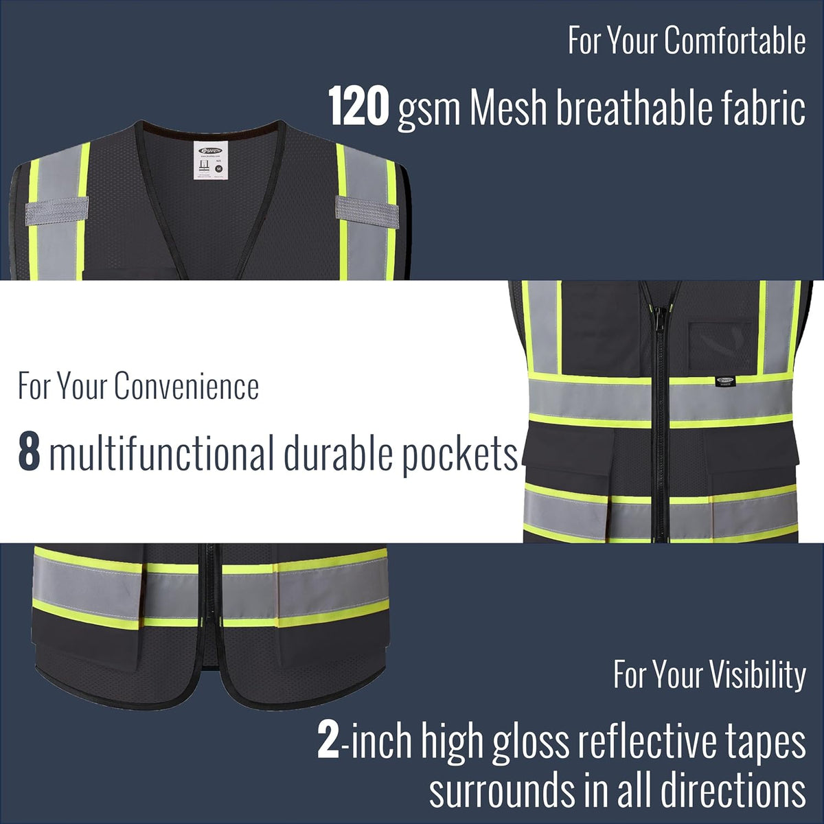 JKSafety Safety Vest for men women Hi Vis Reflective Vest with Pockets and Zipper High Visibility Meet ANSI Standard（BX320