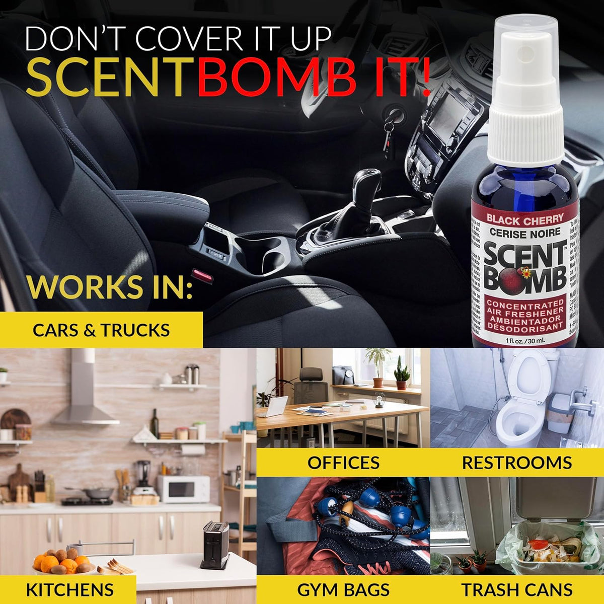 Scent Bomb Air Freshener Spray, Long-Lasting Odor Eliminator - Effective Deodorizer for Home & Car, Fresh Room Spray for Kitchen, Bathroom & Smell Neutralizer - 1 oz Pack of 4, Black Cherry Scent