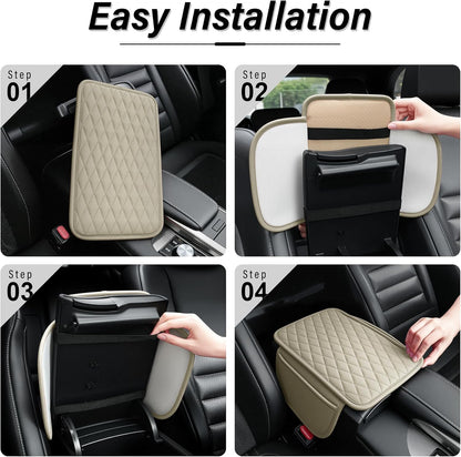 Amiss Car Center Console Cover, Upgraded Leather Car Armrest Cushion with 2 Storage Pockets, Universal Waterproof Cushion Pad, Non-Slip Car Interior Accessories, Fits Most Sedans SUVs Trucks (Black)