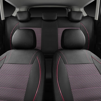 CAR PASS Universal FIT Piping Leather Two Front Seat Covers, Waterproof Faux Leather for SUV Sedan Van Truck, Airbag Compatible,Reserved Opening Holes for Headrest Covers. (Black red)