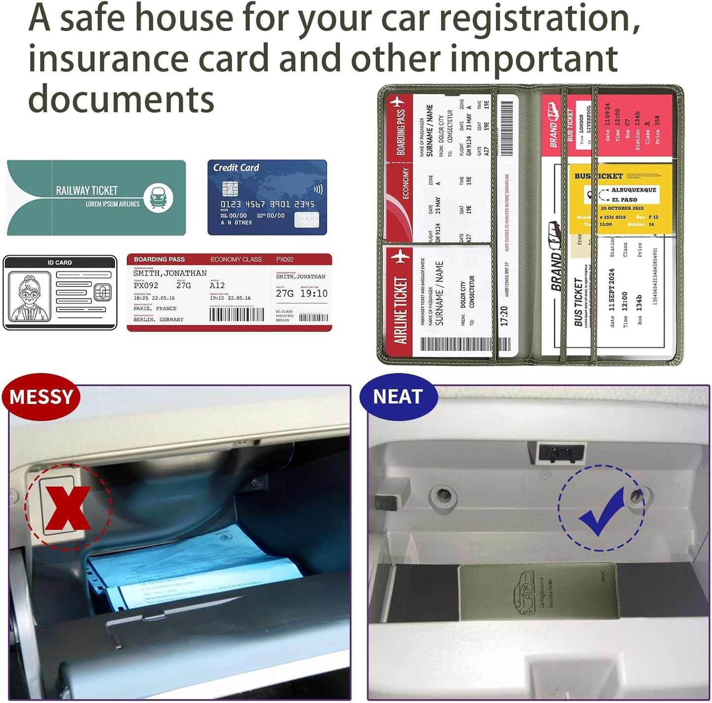 Car Registration and Insurance Card Holder - Leather Vehicle Glove Box Automobile Documents Paperwork Wallet Case Organizer for ID, Driver's License, Key, Cards - Car Accessories for Women&Men