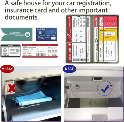 Car Registration and Insurance Card Holder - Leather Vehicle Glove Box Automobile Documents Paperwork Wallet Case Organizer for ID, Driver's License, Key, Cards - Car Accessories for Women&Men