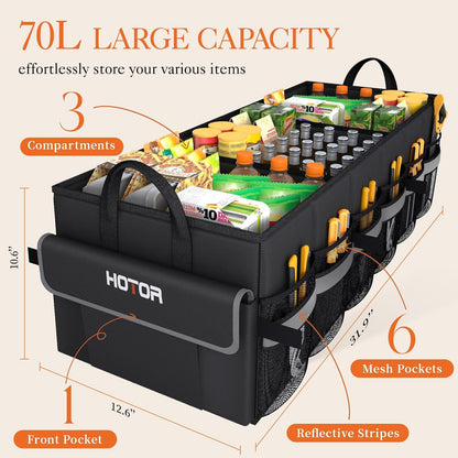 HOTOR Trunk Organizer - Car Organizer with 5 Pockets, Trunk organizer for SUV, Sedan & Van, Car Organization with Sturdy Base Panel for Car Accessories, Black, 2 Compartments, 21.3"×12.6"×10.6"