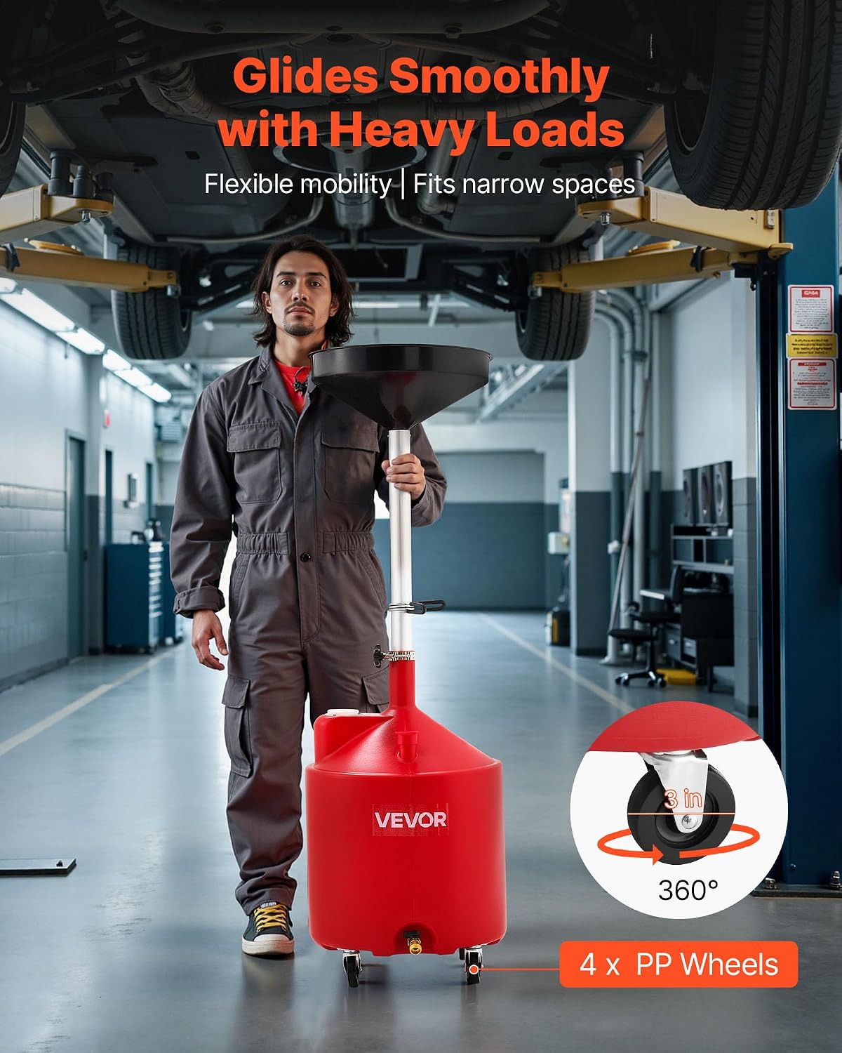 VEVOR Oil Drain Container, 20 Gallon Waste Oil Drain Tank, Portable Oil Lift Drain Pan Air Operated Drainer, Fluid Fuel Drainage Adjustable Funnel Height with Pressure Regulating Valve & Wheel