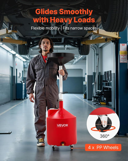 VEVOR Oil Drain Container, 20 Gallon Waste Oil Drain Tank, Portable Oil Lift Drain Pan Air Operated Drainer, Fluid Fuel Drainage Adjustable Funnel Height with Pressure Regulating Valve & Wheel