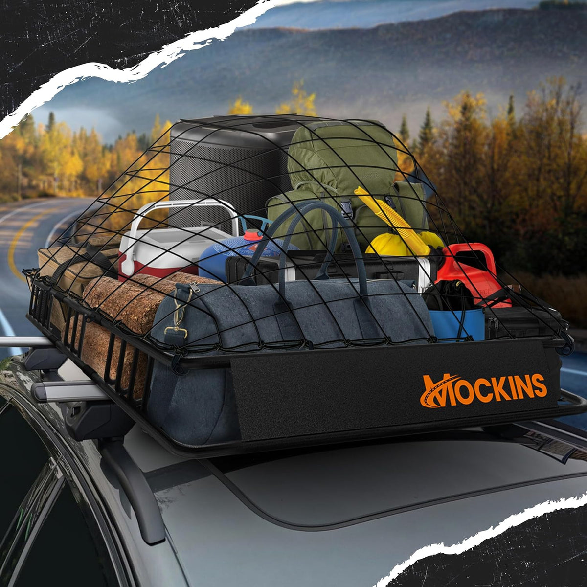 Mockins 16 Cu Ft Weatherproof No Rack Rooftop Cargo Carrier Bag 45"x34"x18" | Rooftop Cargo Bag for Top of Car | Car Topper Luggage Carrier Waterproof Set w/ Accessories | Vehicle Soft-Shell Carriers