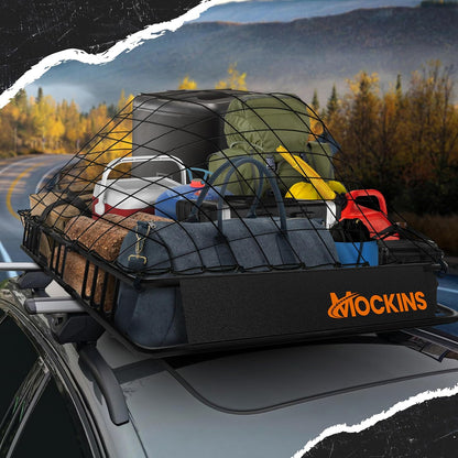 Mockins 16 Cu Ft Weatherproof No Rack Rooftop Cargo Carrier Bag 45"x34"x18" | Rooftop Cargo Bag for Top of Car | Car Topper Luggage Carrier Waterproof Set w/ Accessories | Vehicle Soft-Shell Carriers