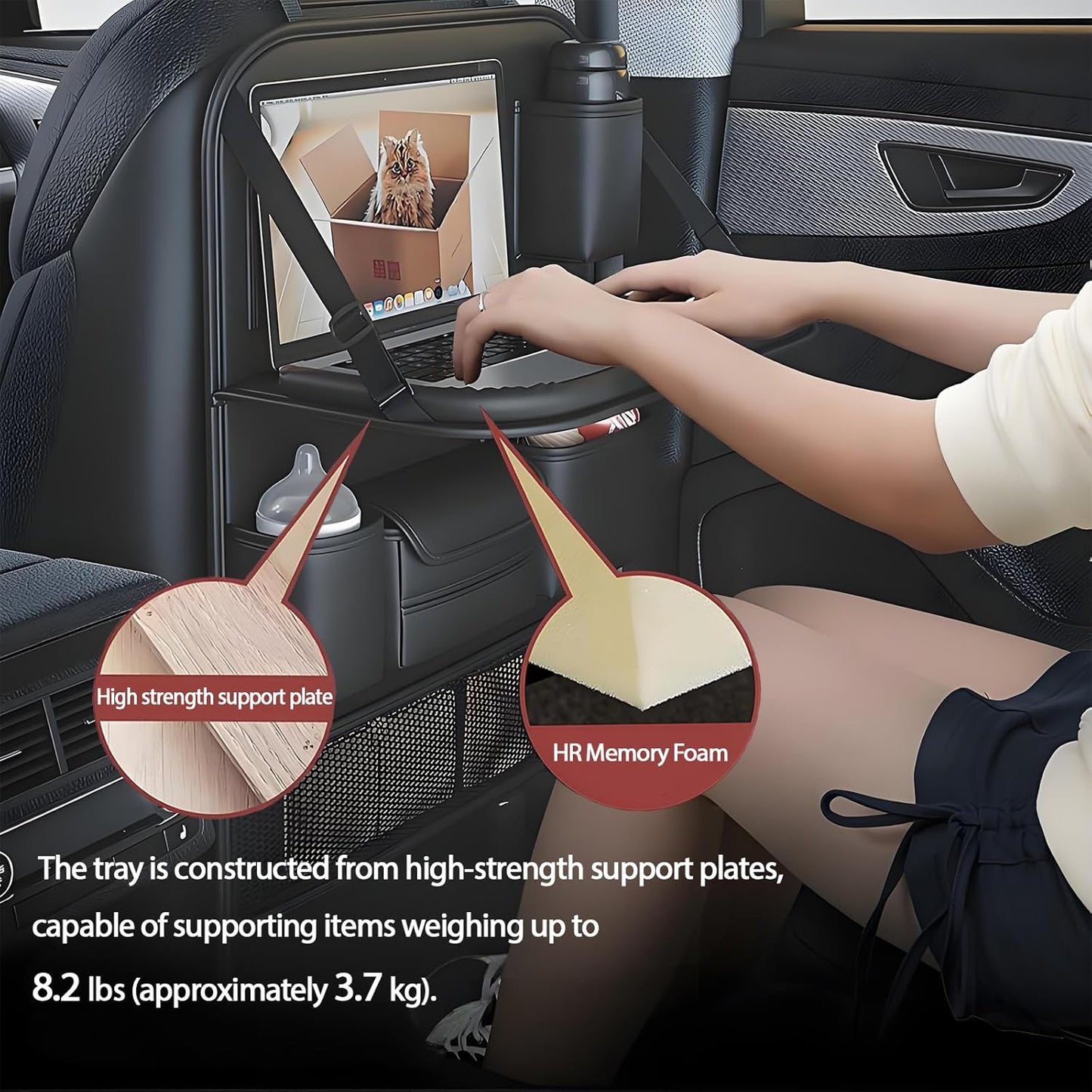 Universal Foldable Car Backseat Organizer with Table Tray, Car Seat Back Protector with Touch Screen Phone Holder, Premium Leather Kick Mats with Storage Pockets Tissue Holder (Brown)