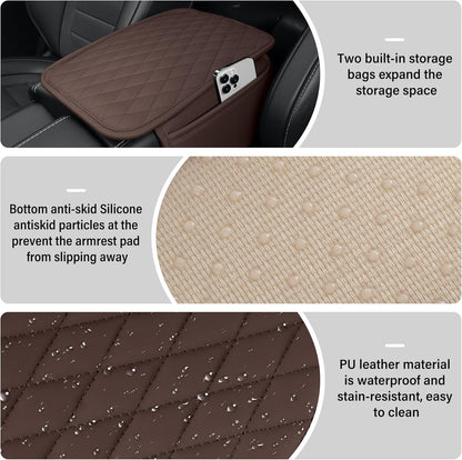 Amiss Car Center Console Cover, Upgraded Leather Car Armrest Cushion with 2 Storage Pockets, Universal Waterproof Cushion Pad, Non-Slip Car Interior Accessories, Fits Most Sedans SUVs Trucks (Black)