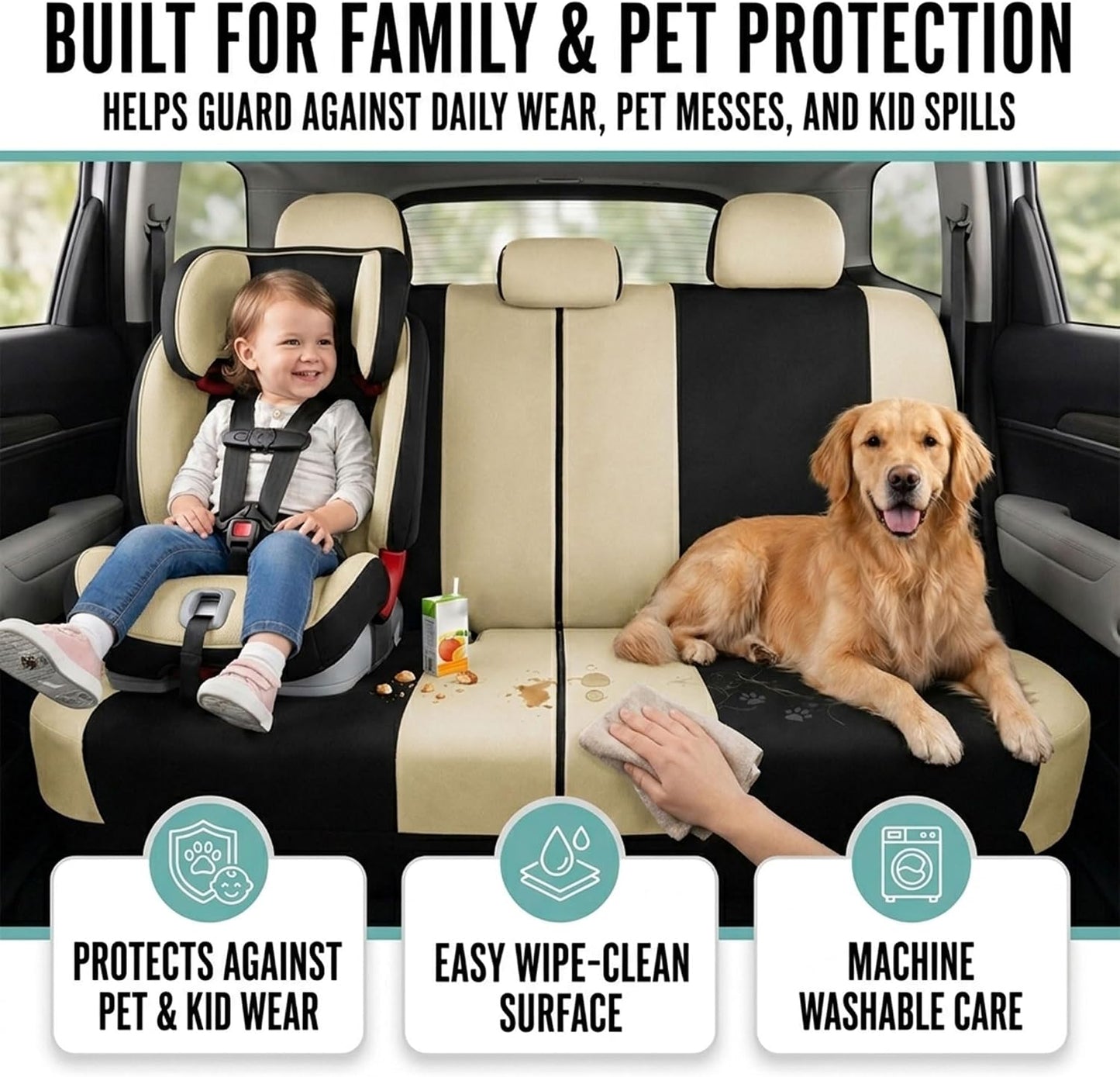 FH Group Full Set Cloth Car Seat Covers, Universal Fit Front and Split Bench Rear, Airbag Compatible, Washable for SUV, Sedan, Van - Black