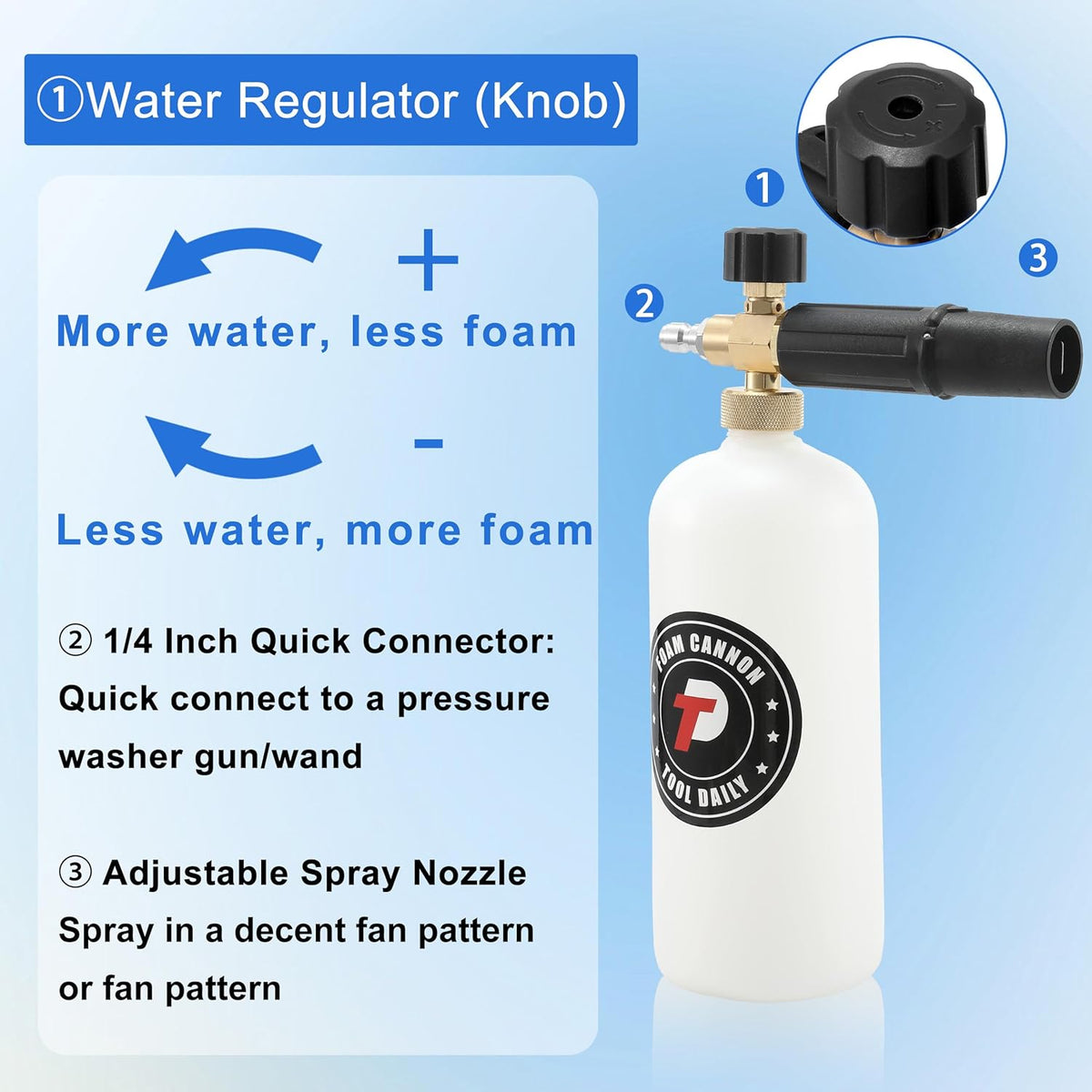 Tool Daily Foam Cannon with 1/4 Inch Quick Connector, 1 Liter, 5 Pressure Washer Nozzle Tips
