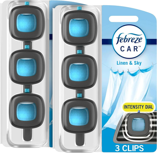 Febreze Car Odor-Fighting Car Freshener Vent Clip Linen & Sky, 0.06 fl oz, 3 Ct Pack of 2