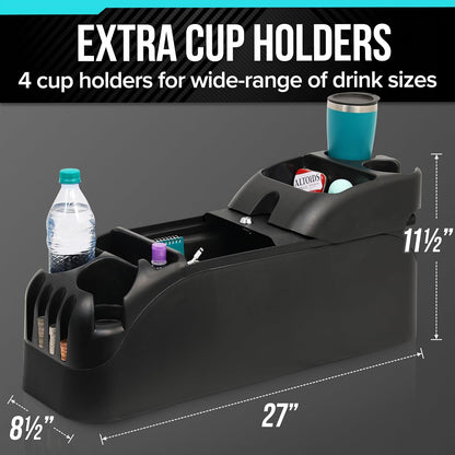Moblorg Center Console for Minivans, SUVs, Middle Van Console, Extra Cup Holders, Large Storage, 27"L x 11.5"W x 8.5"H,Made in USA (Black)