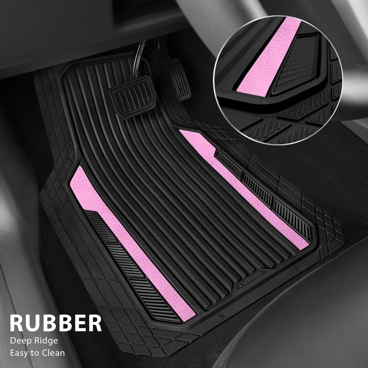 CAR PASS Heavy Duty Rubber Car Mats Metallic, Aluminum Film All Weather Floor Mats Waterproof Universal Trim to Fit Automotive SUV Sedan Van 4 Piece Anodized Deep Dish Two-Tone Sporty Black Red Chrome