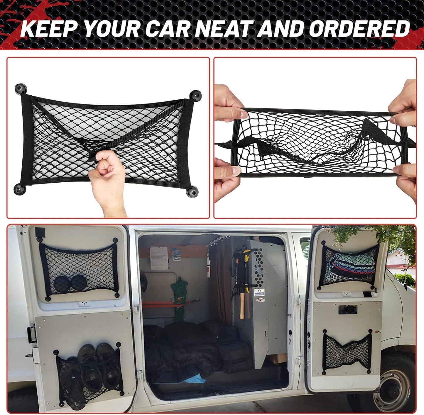 RED WOLF 2 Pcs Universal Cargo Net Pocket Elastic Mesh Netting Car Mesh Pouch for Trunk RV Boats Home Cargo Storage Mesh with Screws and Hooks (25.6'' x 9.8'')