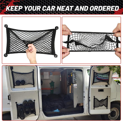 RED WOLF 2 Pcs Universal Cargo Net Pocket Elastic Mesh Netting Car Mesh Pouch for Trunk RV Boats Home Cargo Storage Mesh with Screws and Hooks (25.6'' x 9.8'')