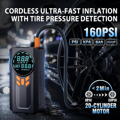 Jump Starter with Air Compressor, 5000A 160PSI Battery Jumper Starter Portable (9.0 Gas/8.0L Diesel), 12V Jump Box Car Battery Jump Starter with Smart Jumper Cables, LED Light, LCD Display