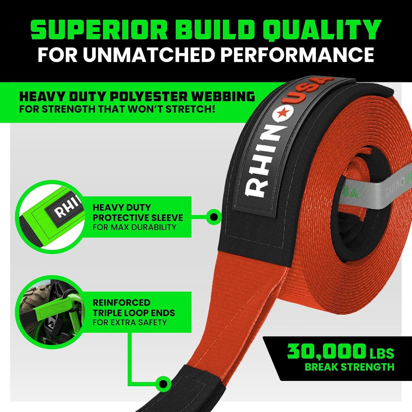 Rhino USA Recovery Tow Strap (3" x 20') - 31,518lb Break Strength - Emergency Recovery Strap Tow Rope for Truck, UTV, ATV & More - Heavy Duty Towing Strap for Offroad 4x4 Use - Compatible with Jeep