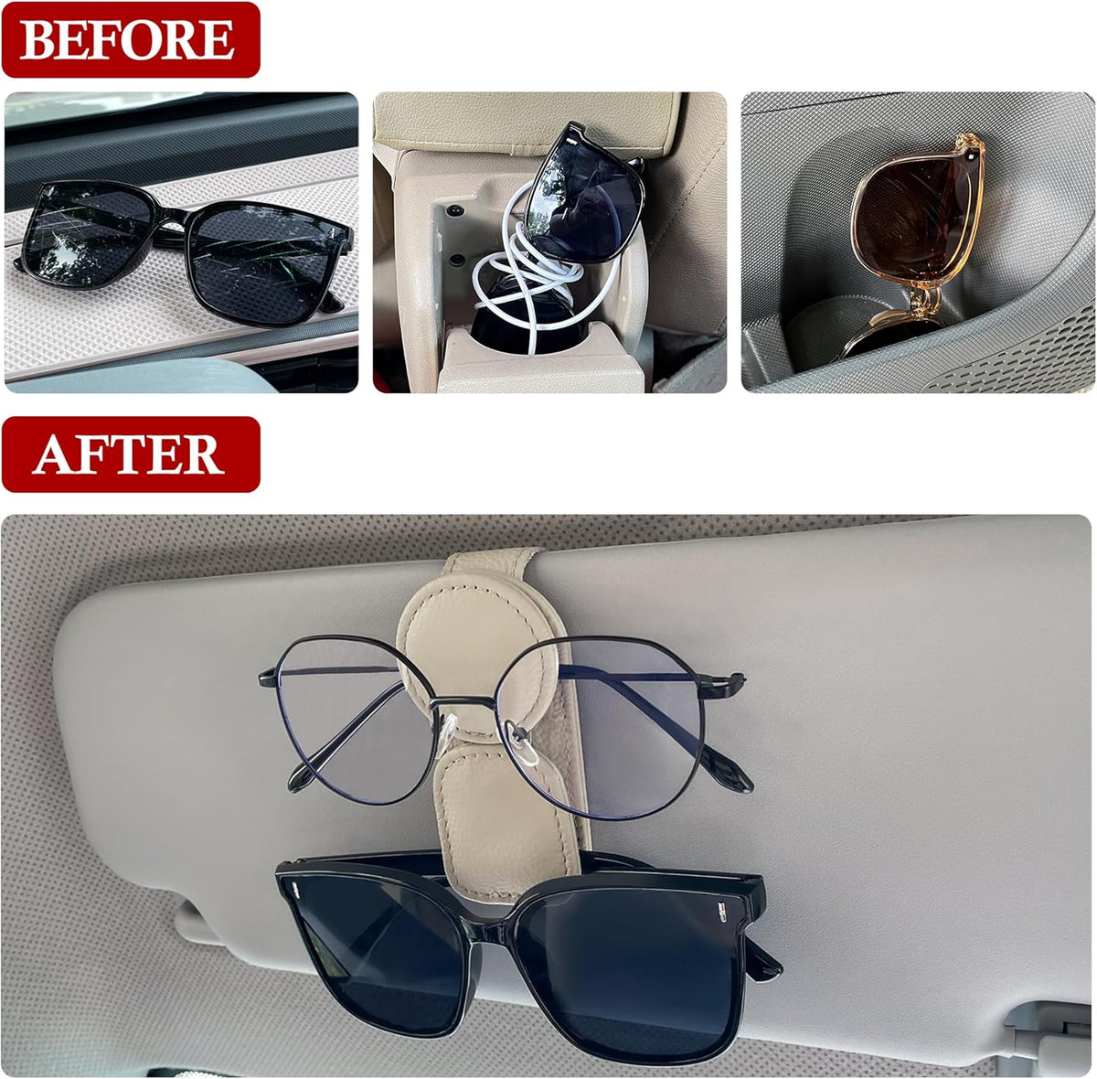 KIWEN Sunglasses Holder for Car Visor, Magnetic Leather Sunglass Eyeglass Hanger Clip for Car Sun Visor Accessories (1, Black)
