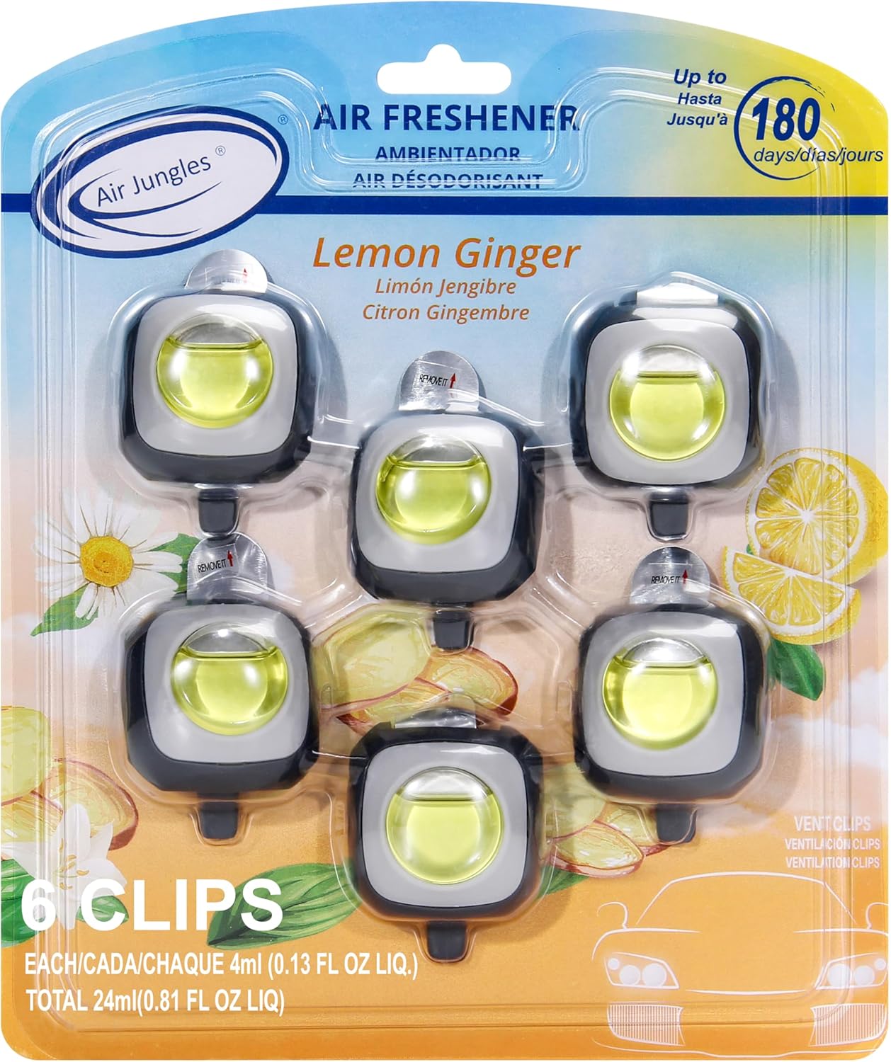 Air Jungles New Car Scent Car Air Freshener Vent Clip, 6 Count Long Lasting Up to 180 days, Natural Essential Oil Car Fragrance Accessories for Women and Men, Odor Eliminator - 4ml Each