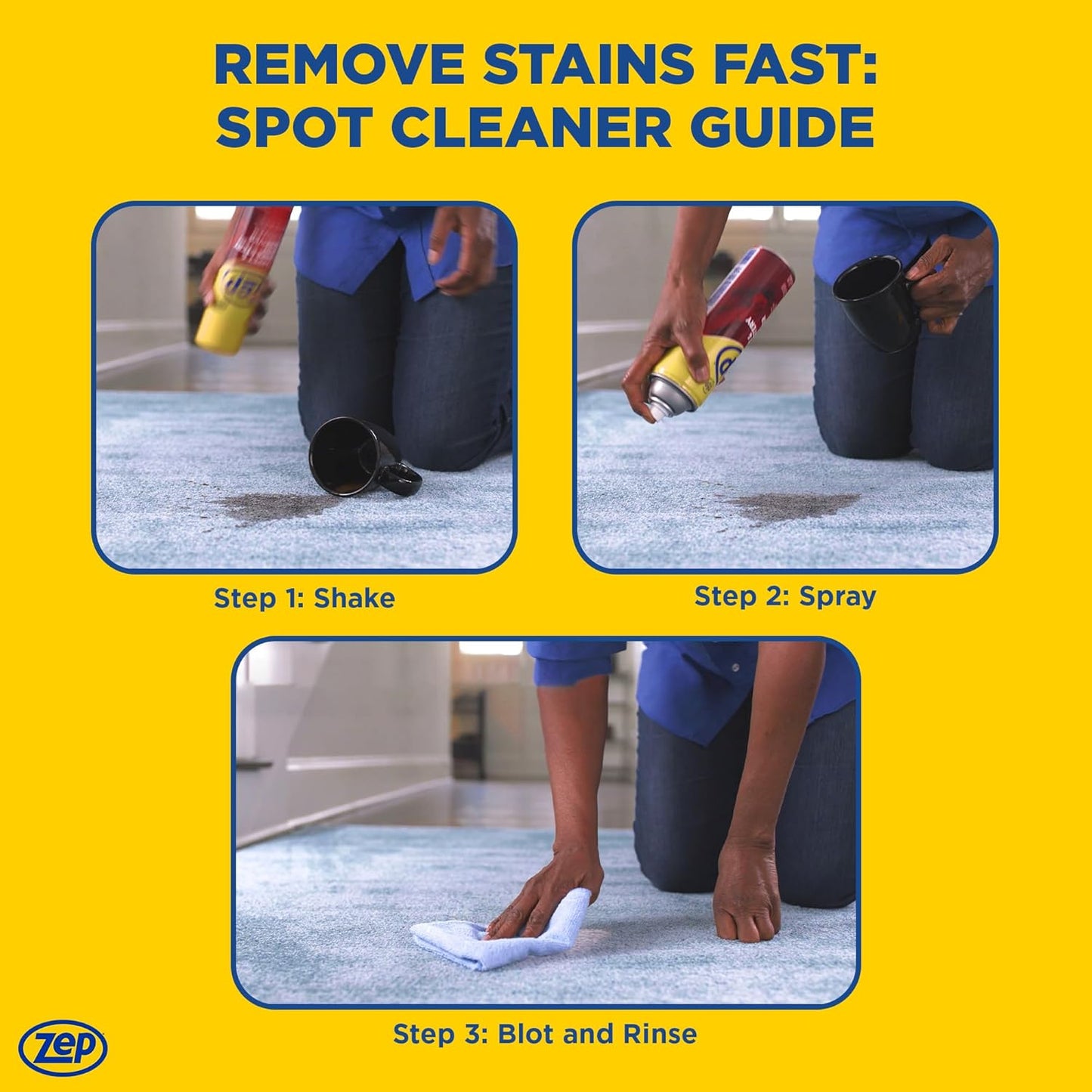 Zep Instant Carpet & Upholstery Spot Remover 19 oz (2 Units) and a Blue Microfiber Rag ECBD027-2-Pack Powerful Stain Remover for Carpet, Rugs, and Upholstery Paired with a Reusable Cloth