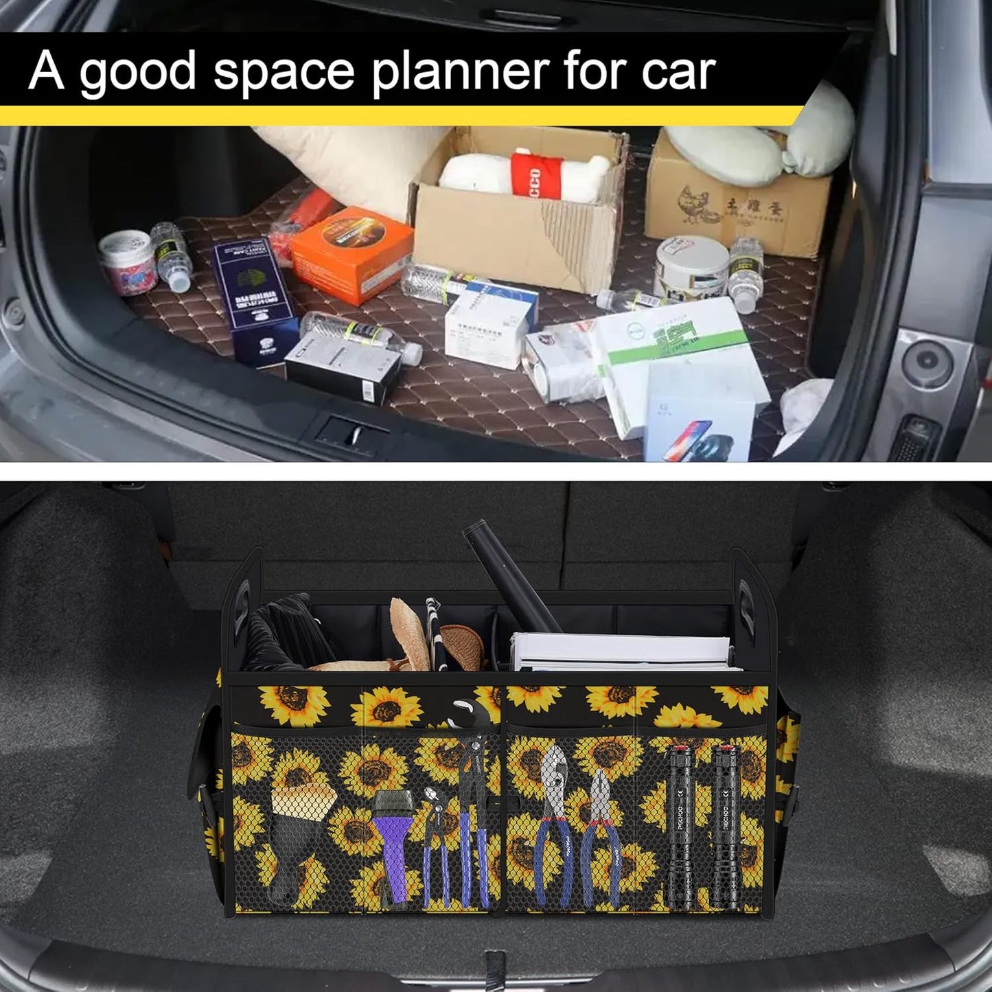 Femuar Car Trunk Organizer with Large Capacity Waterproof Car Accessories for Women & Men, Collapsible Trunk Organizer for Suv/Jeep/Sedan,Tools (Black, Standard)