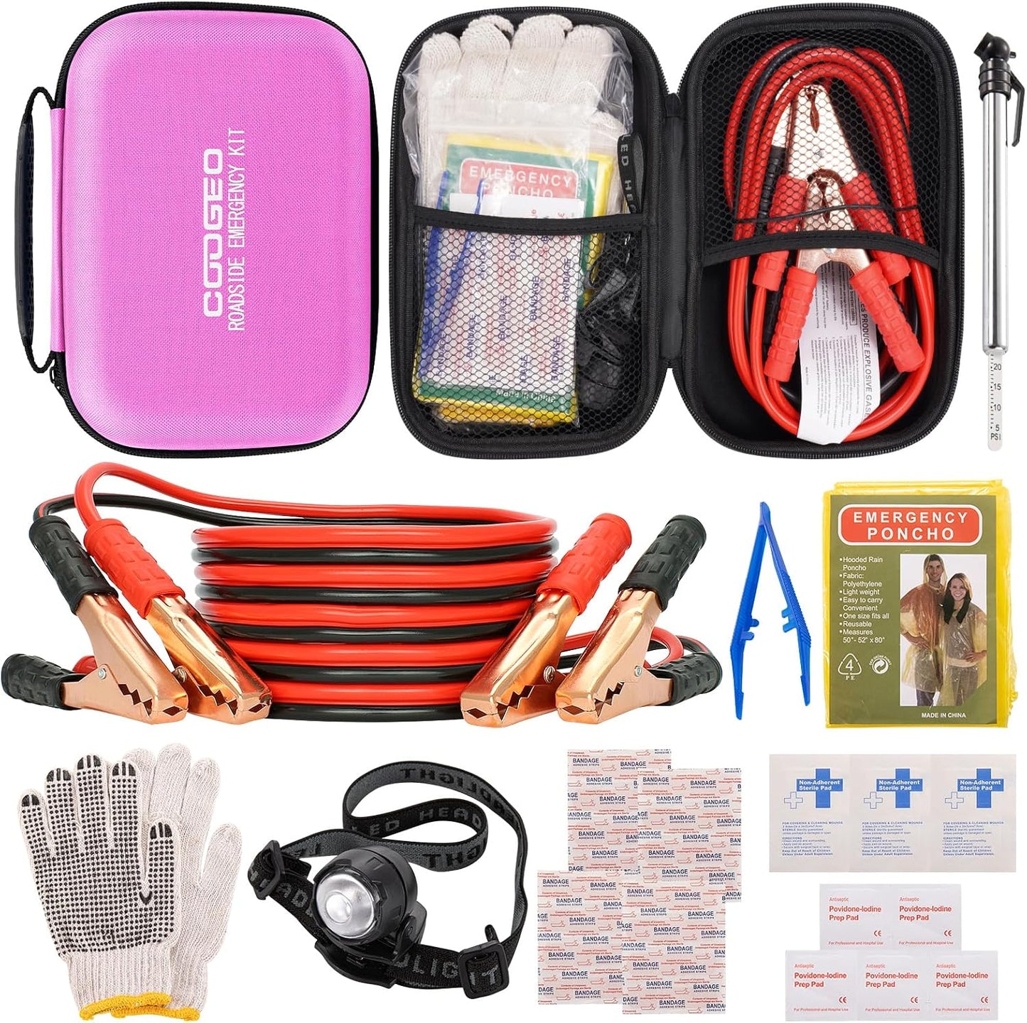 Car Roadside Emergency Kit with Battery Jumper Cables,Car Accessories for Men or Women,Automotive Safety Kit for Car,Vehicle, Truck or SUV,Gifts for Men or Him,Green