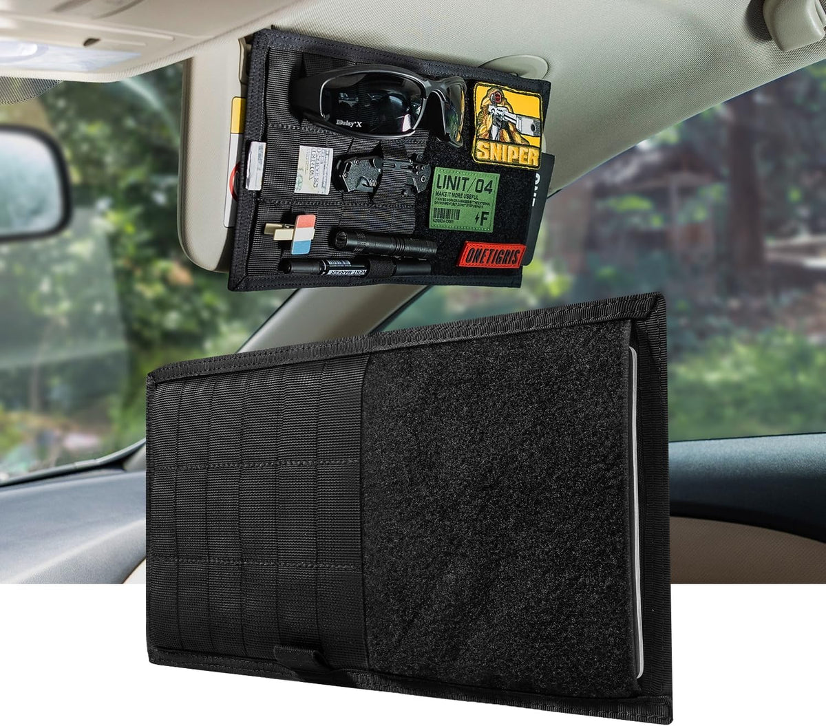 ONETIGRIS Molle Visor Panel Organizer, Tactical Car Sun Visor Organizer Molle Patch Panel Vehicle Visor Storage Holder Pouch, Molle Webbing with Hook-and-Loop Straps for Cars, Trucks, Suvs etc.
