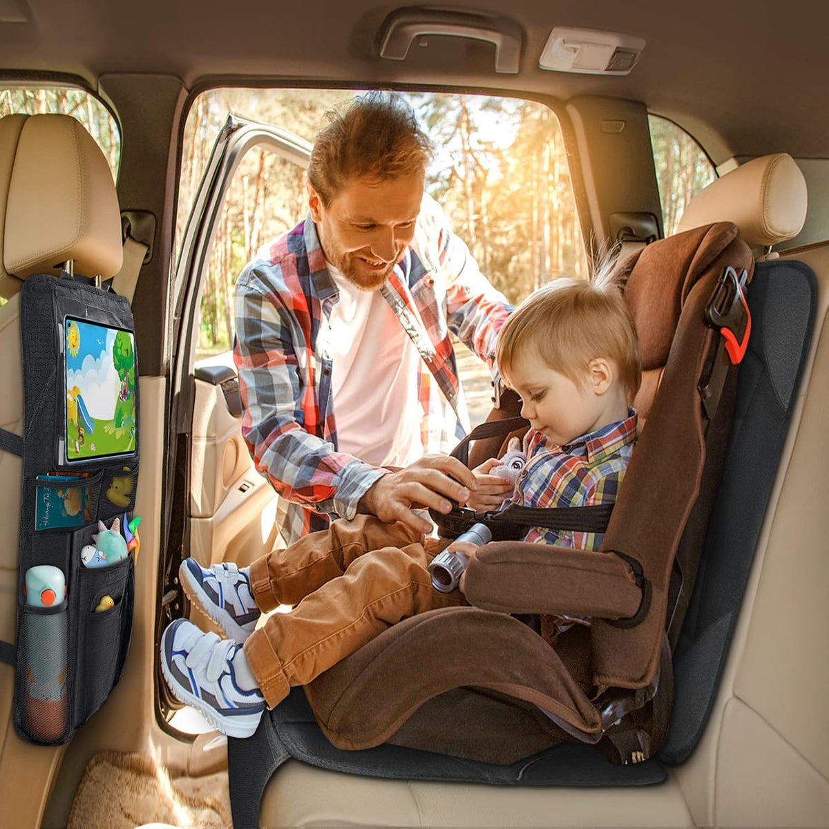 Siivton 2-in-1 Car Seat Protector & Kick Mat with iPad Holder - Kids Backseat Organizer with Touchscreen Pocket, Storage Pockets & Waterproof Cover for Child Safety and Mess-Free Rides
