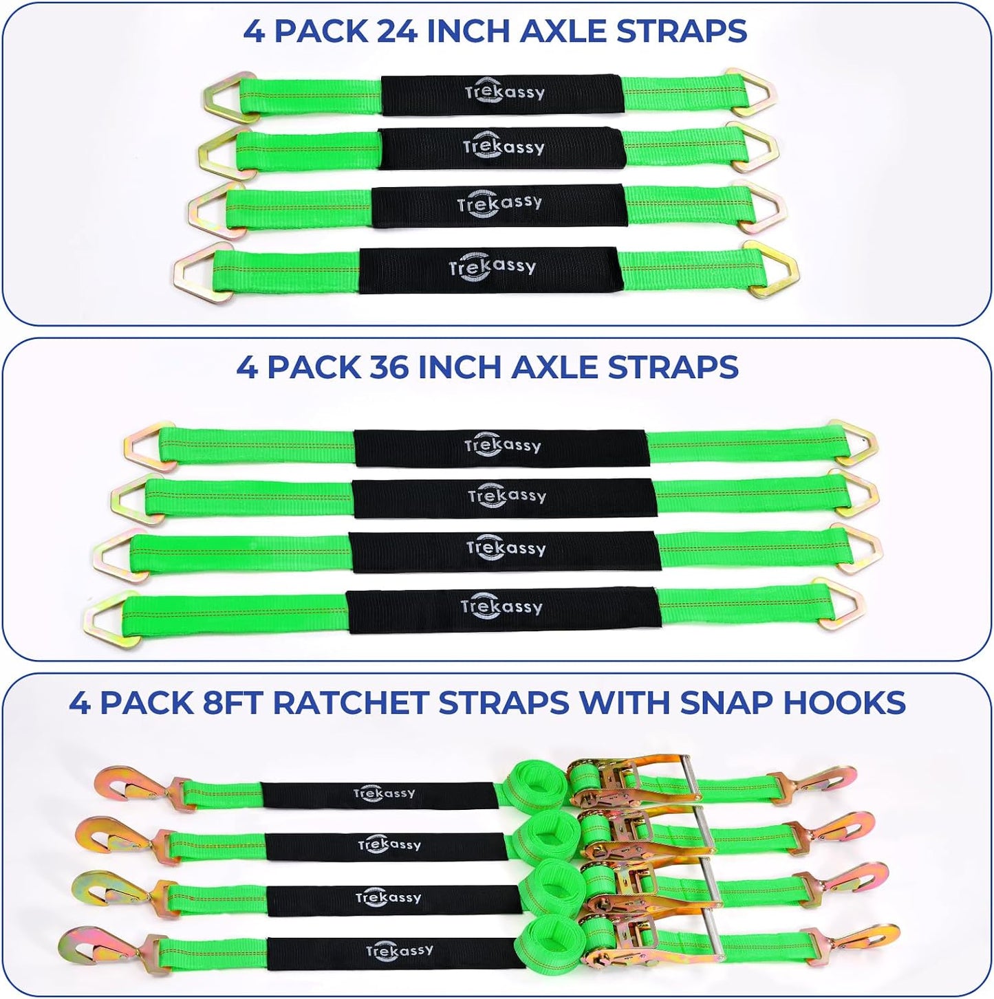 Trekassy Car Tie Down Straps for Trailers with Snap Hooks, Ratchet Straps for Car, Truck, UTV & More, 10000 lb Break Strength, Includes (8) Axle Straps