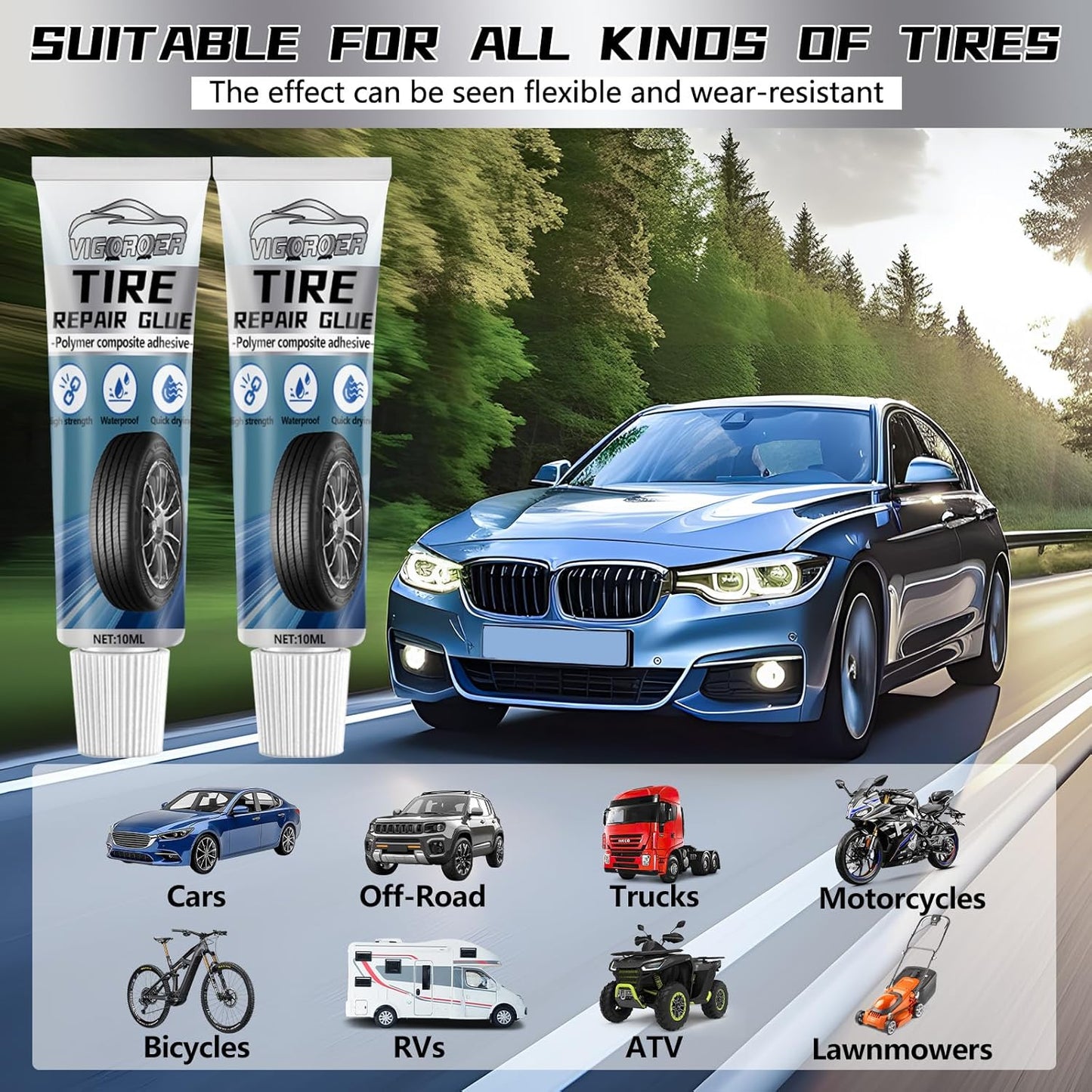 Tire Repair Glue, Rubber Cement for Sidewall Fixes, Suitable for Car, Motorcycle, Bike, Jeep, Off-Road, Truck, Tractor, 20ML, Black